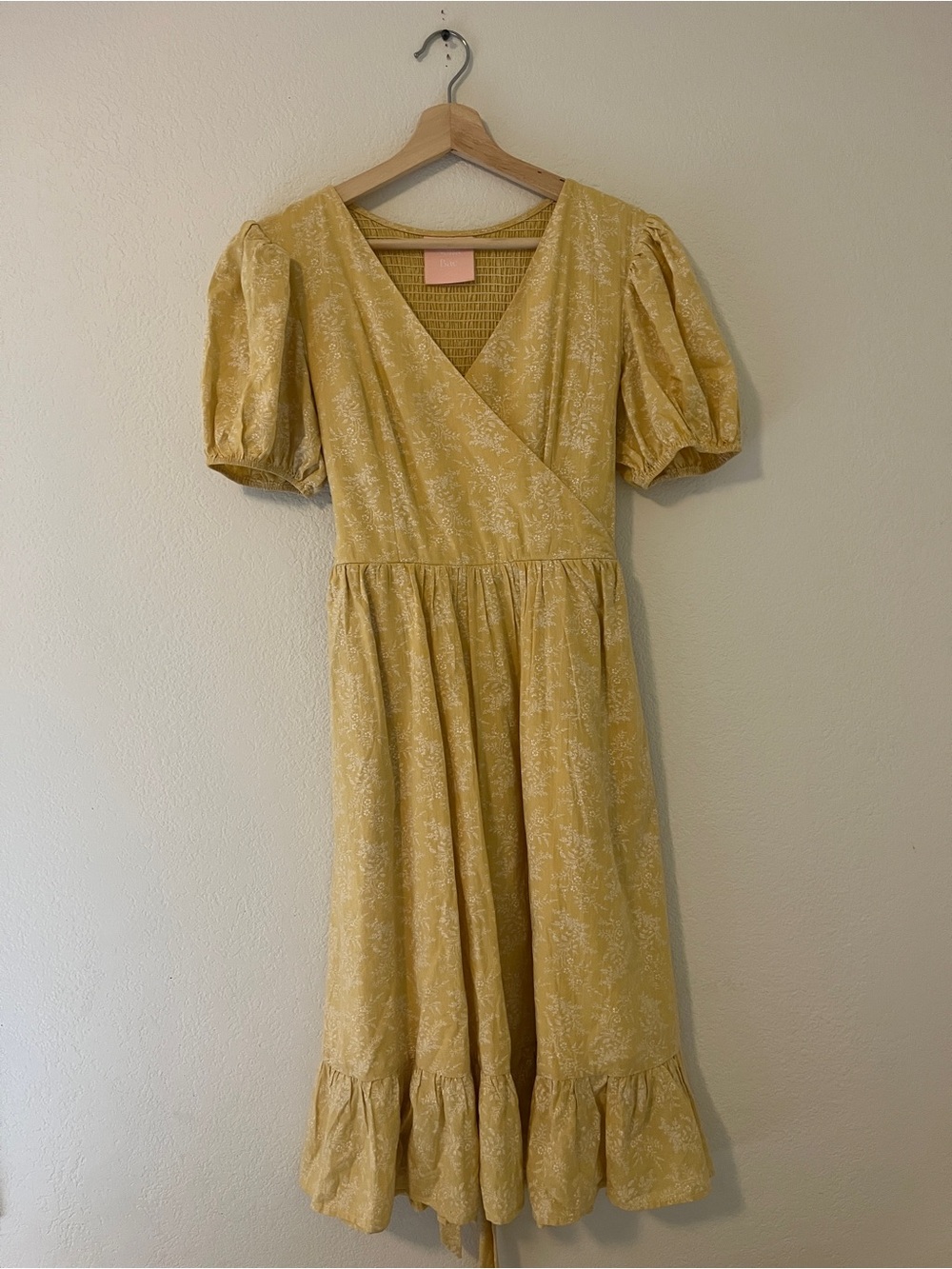 Nola Bea cotton Yellow Puff-Sleeve Wrap Midi Dress
